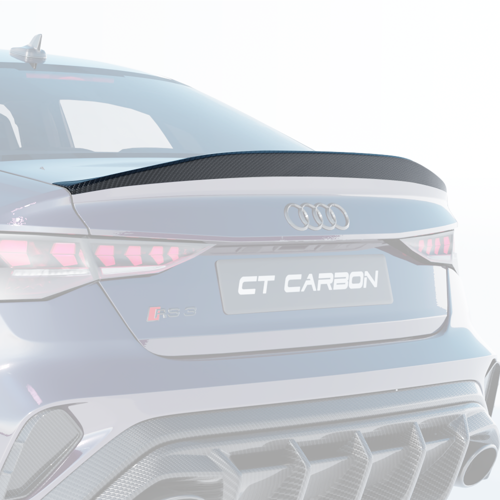 Carbon fiber spoiler for Audi A3/S3/RS3 8Y saloon, CT Design V2, mounted on the rear of the vehicle with a sleek finish.