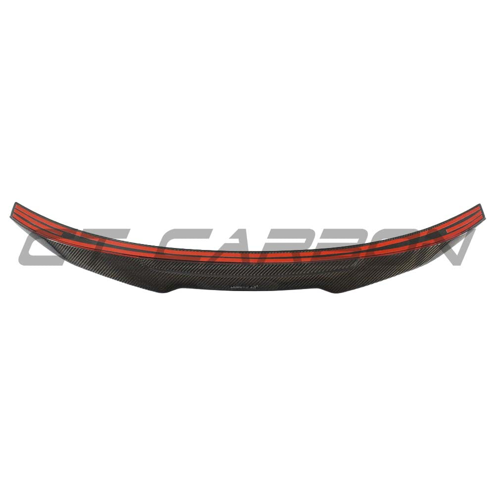 Carbon fiber spoiler for Audi A3/S3/RS3 8Y saloon, V3 style, installed on the rear of the car, showcasing sleek, aerodynamic design.