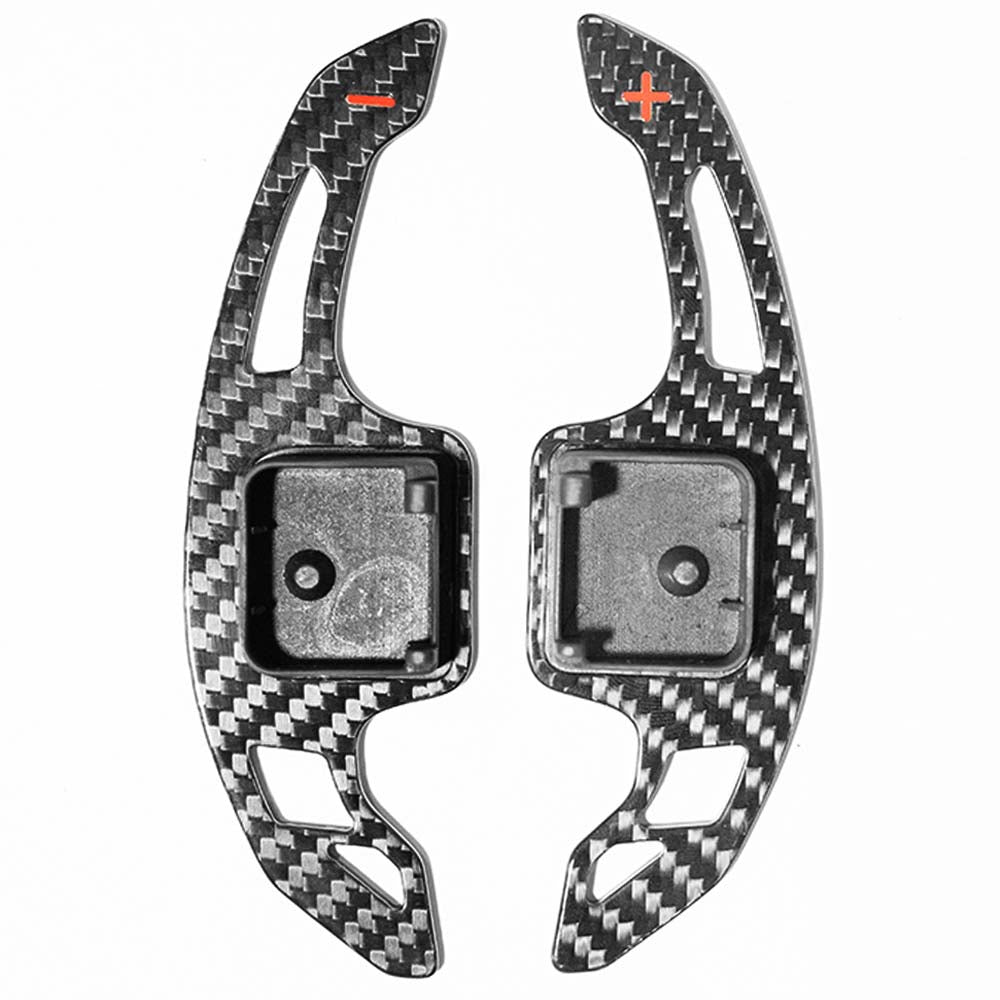 Carbon fiber shift paddles for Audi A3, S3, RS3, RS6 C8 from CT Carbon, featuring sleek V3 design for sporty interior upgrade.