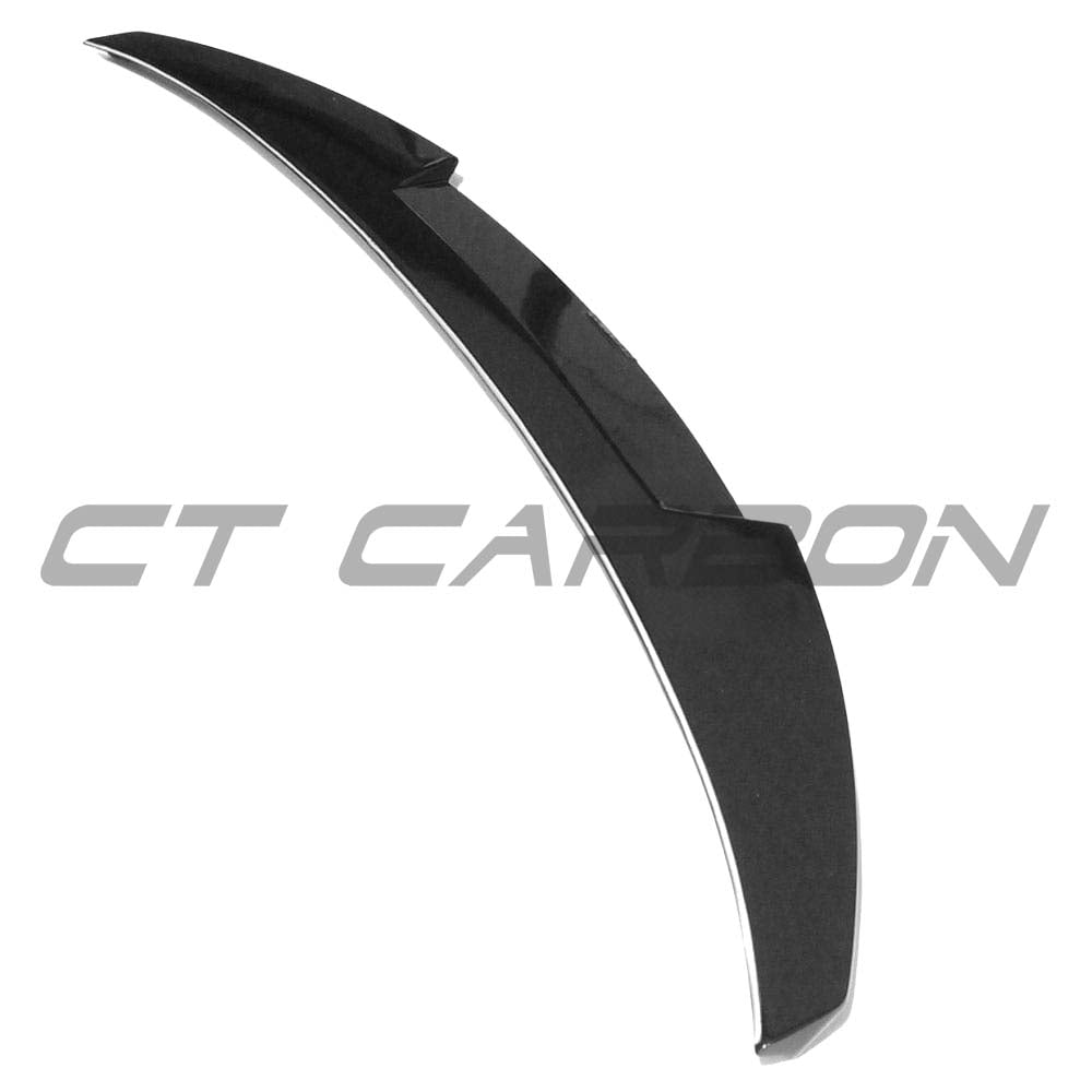 Gloss black CT Carbon spoiler for Audi A4 and S4 B9 2016+ saloon, designed to enhance aerodynamics and sporty appearance.