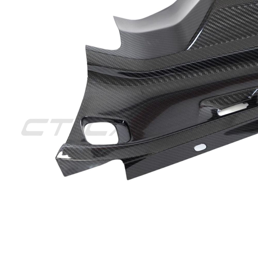 Audi R8 Coupe 2015+ carbon fibre engine bay trim by CT Carbon, showing sleek, lightweight engine bay accessory with a glossy finish.