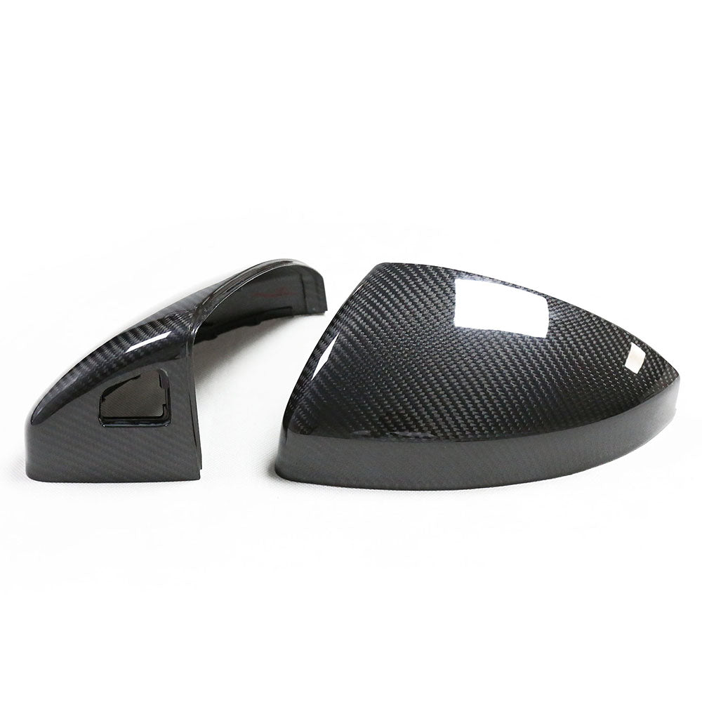 Audi R8 and TT 2014-2024 carbon fibre mirrors with lane assist by CT Carbon, showcasing sleek design and advanced safety features.