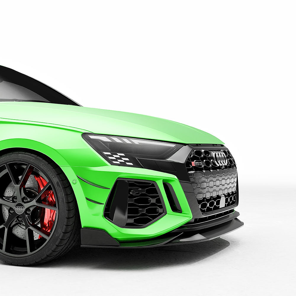 Carbon fiber front bumper canards for Audi RS3 8Y 2022-2024 by CT Design, shown installed on the vehicle's front end.