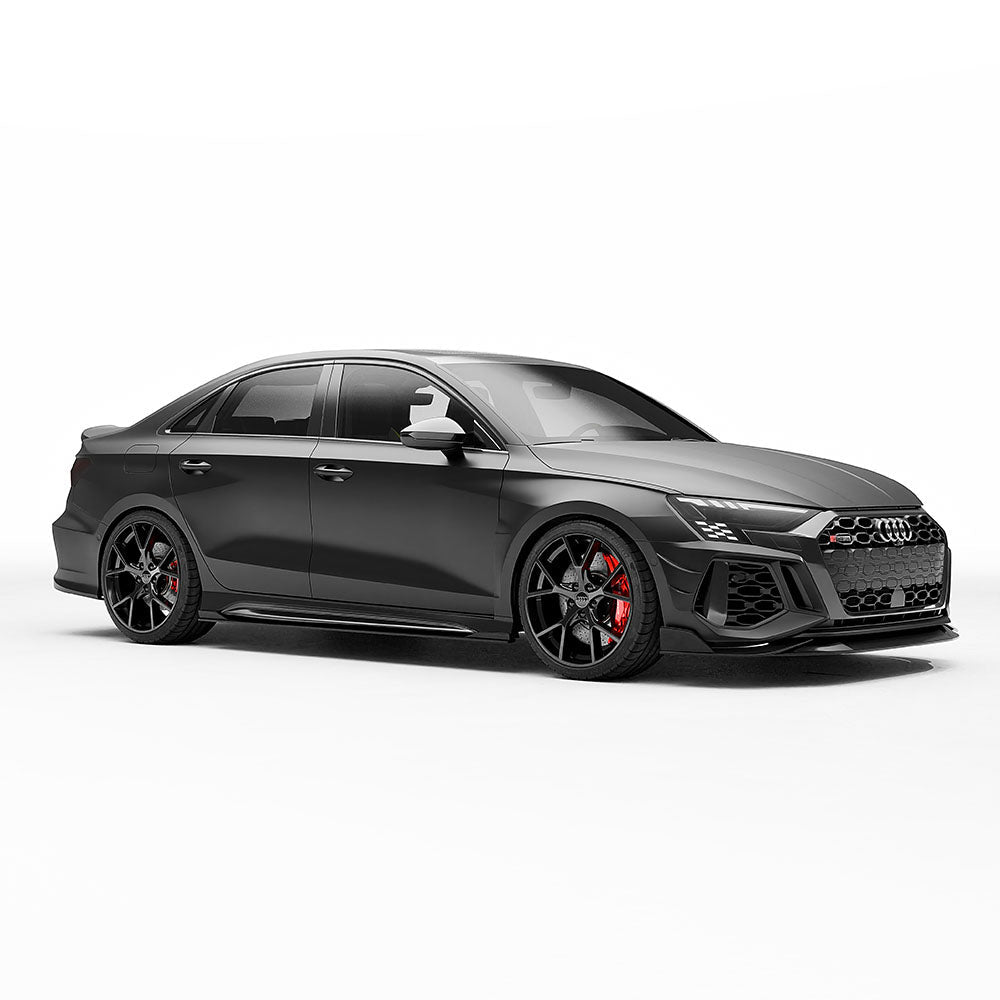 Carbon fibre front bumper canards for Audi RS3 8Y 2022-2024 by CT Carbon, shown on the vehicle's front bumper.