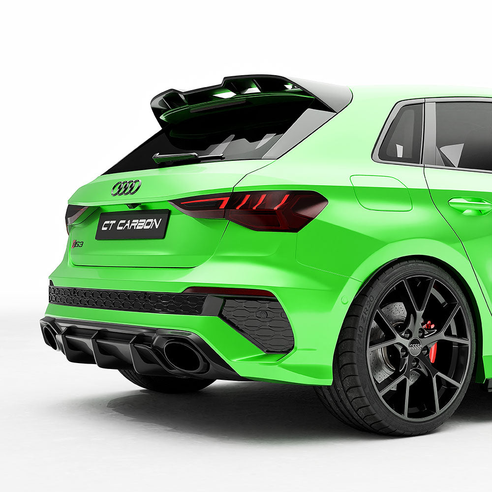 Audi RS3 8Y 2022-2024 carbon fiber rear diffuser by CT Carbon, showcasing sleek V2 design and aerodynamic details.