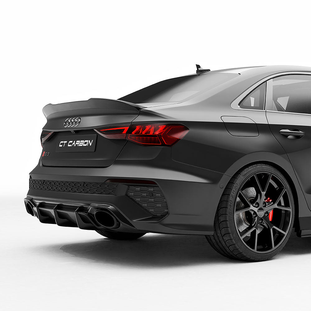 Carbon fibre rear diffuser for Audi RS3 8Y (2022-2024) by CT Carbon, showcasing its sleek design and textured finish.