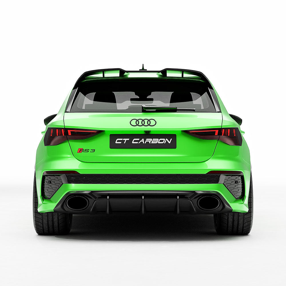 Carbon fiber rear diffuser for Audi RS3 8Y 2022-2024 by CT Carbon, showcasing sleek, aerodynamic design and textured finish.