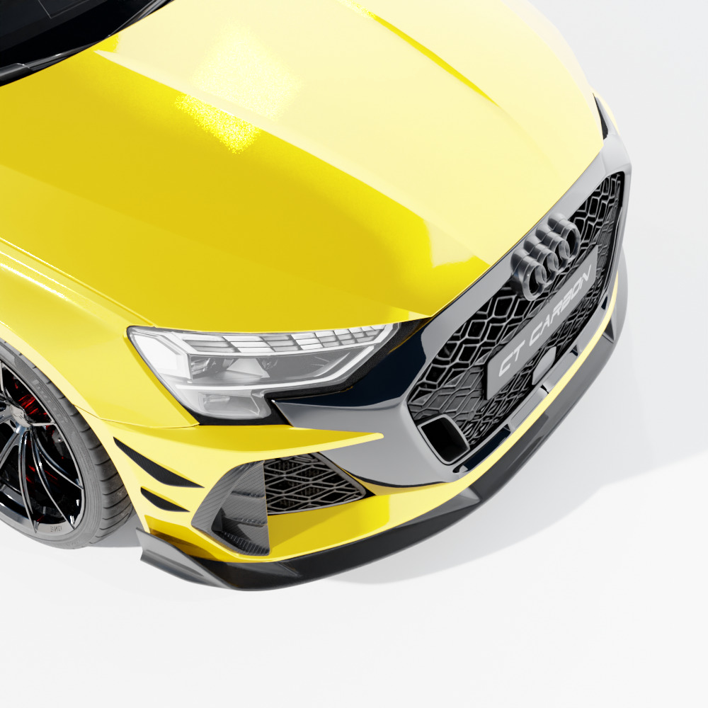 Carbon fiber front bumper canards for Audi RS3 8Y 2025+ by CT Design, featuring sleek aerodynamic accessories.
