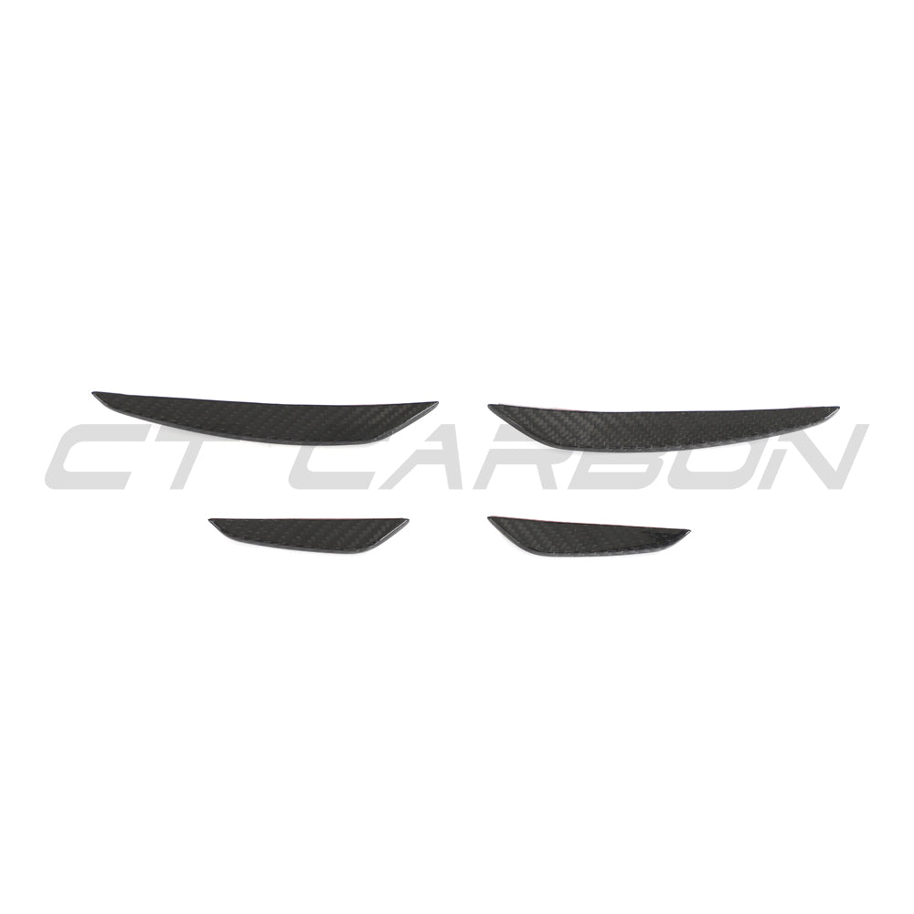 Audi RS3 8Y 2022-2024 carbon fibre front bumper canards by CT Design, close-up of aerodynamic car accessories on the front bumper.