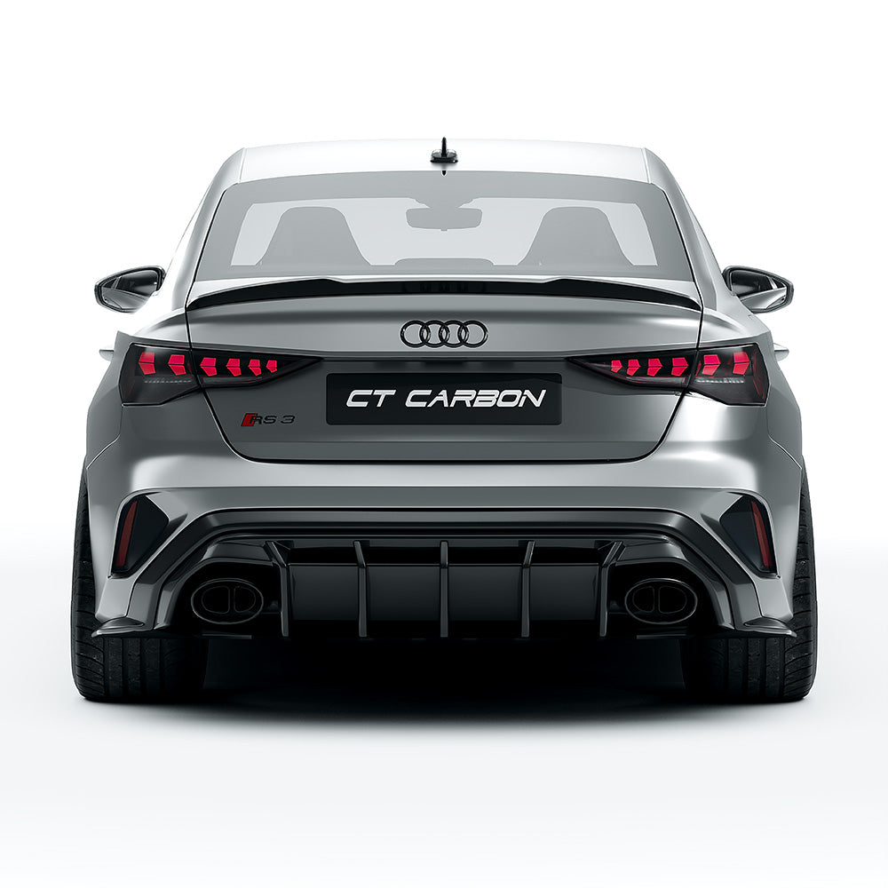 Full Audi RS3 8Y 2025 facelift saloon carbon fiber kit by CT Design, featuring front splitter, side skirts, and rear diffuser.