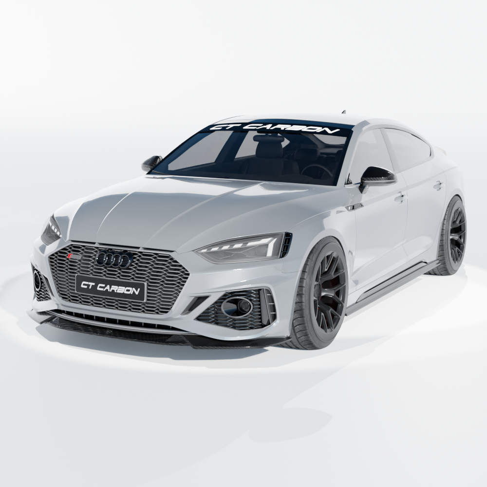 Audi RS5 B9.5 Sportback 2020-2024 carbon fibre side skirts by CT Design, showing sleek black aerodynamic enhancements.