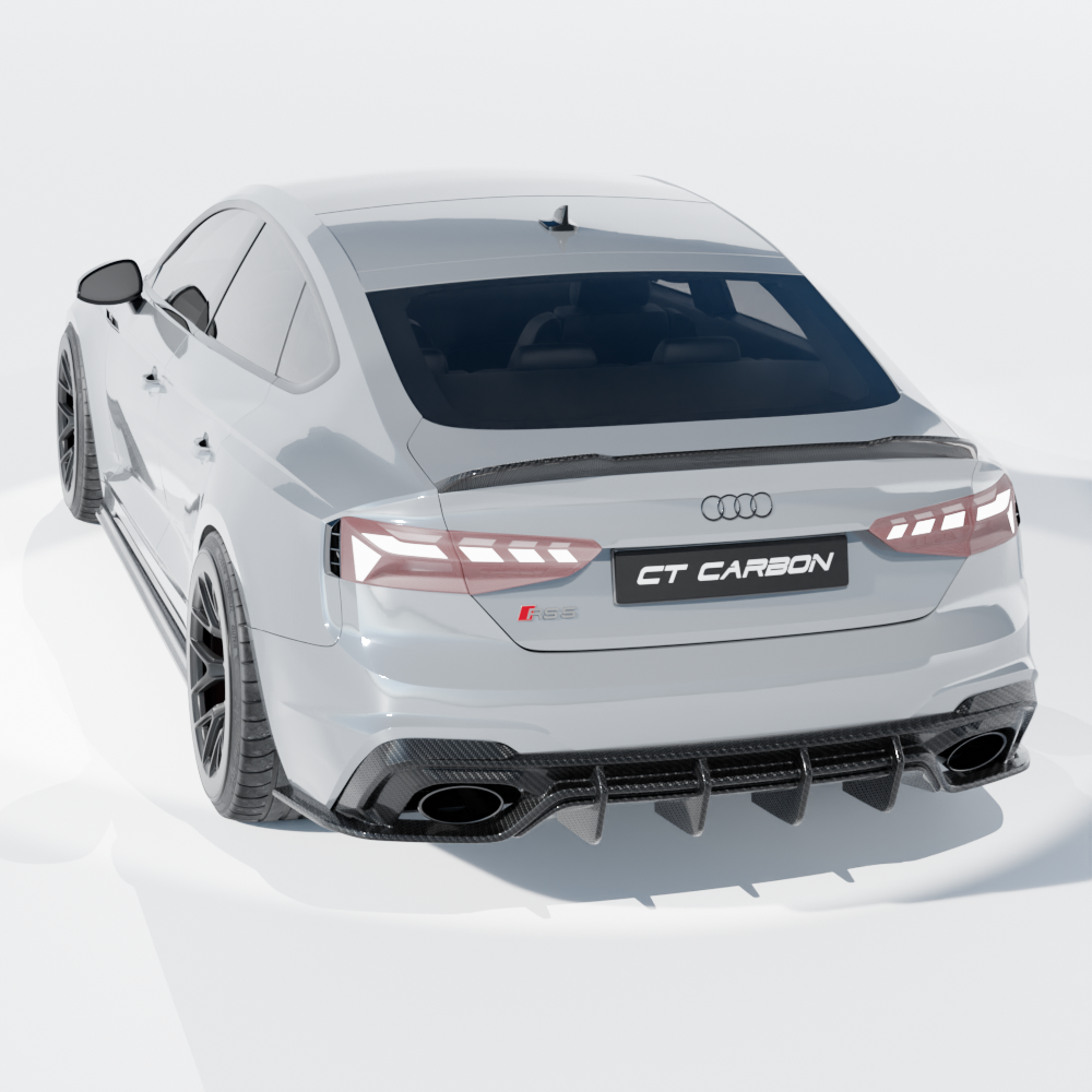 Audi RS5 B9.5 Sportback carbon fibre side skirts by CT Design, showcasing sleek, aerodynamic vehicle styling.