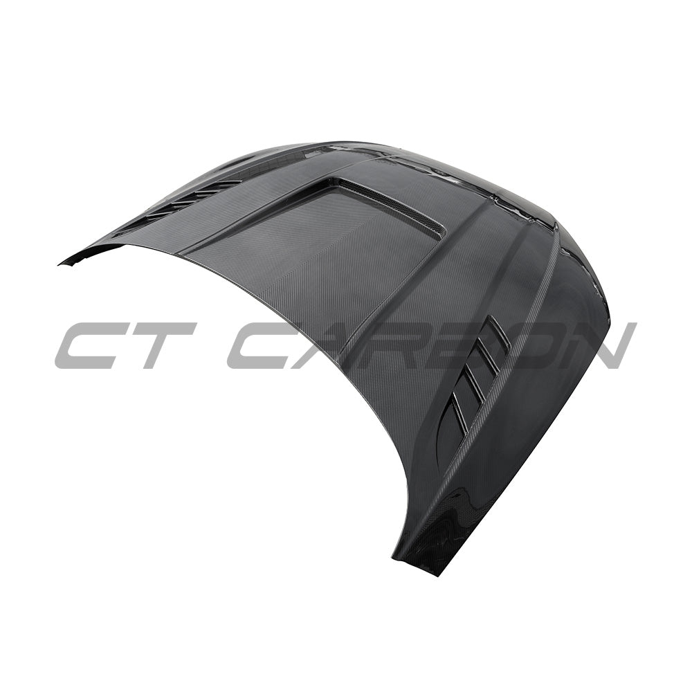 Carbon fibre bonnet for Audi A6, A7, S6, S7, RS6, RS7 C8 2019-2025 by CT Carbon, showing the lightweight hood with carbon finish.