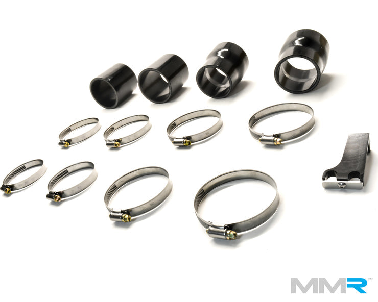 MMX Performance BMW S63 F1x chargepipe set for M5 and M6 models, showing polished metal pipe with silicone connections.