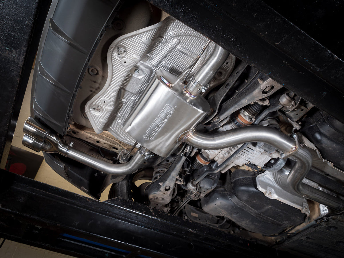 Cobra Sport Audi S3 8V cat back performance exhaust system installed on a 3-door model, showcasing polished metal exhaust tips.