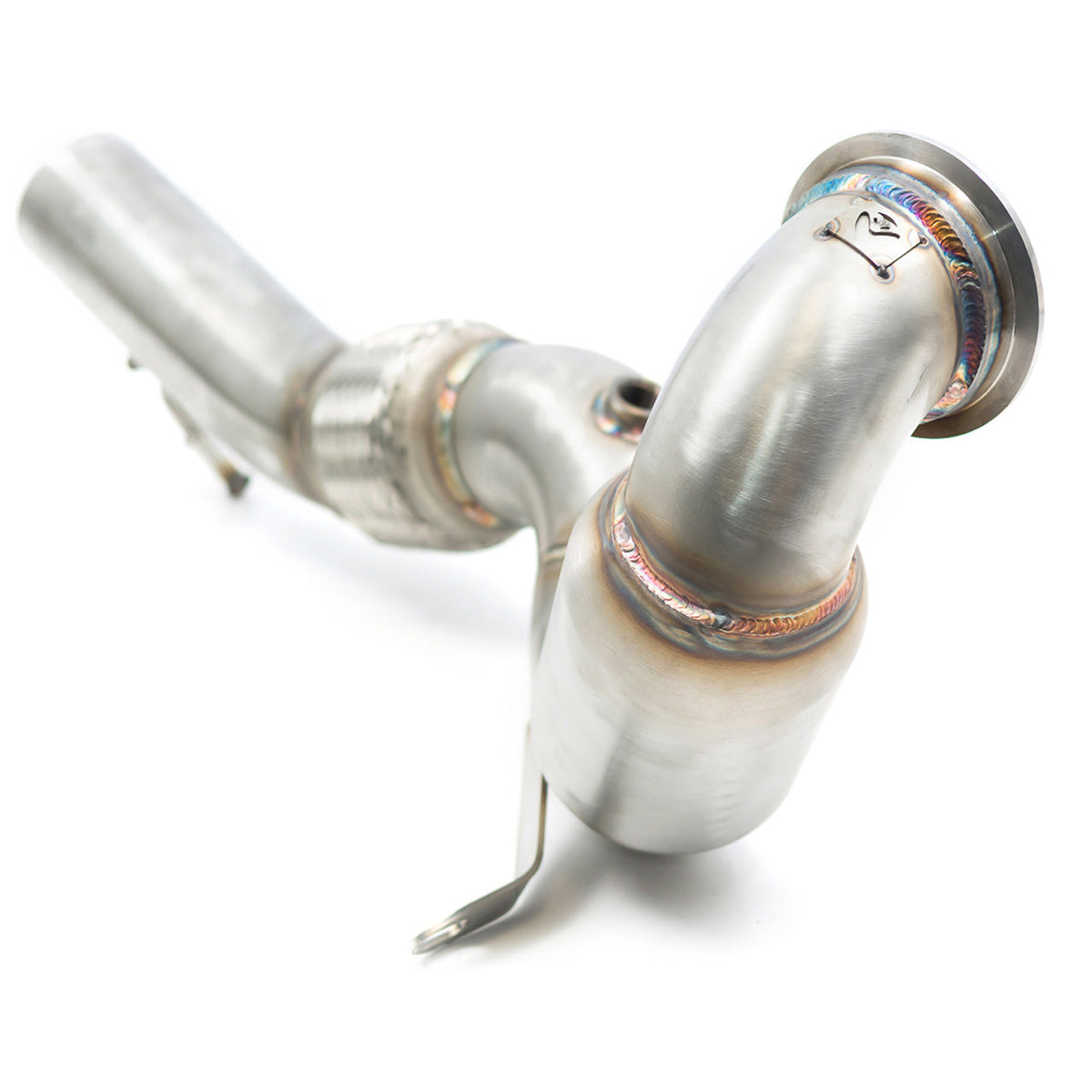Cobra Sport Audi S3 8V front downpipe with sports cat, de-cat performance exhaust, showcasing the polished metal pipe and valve details.