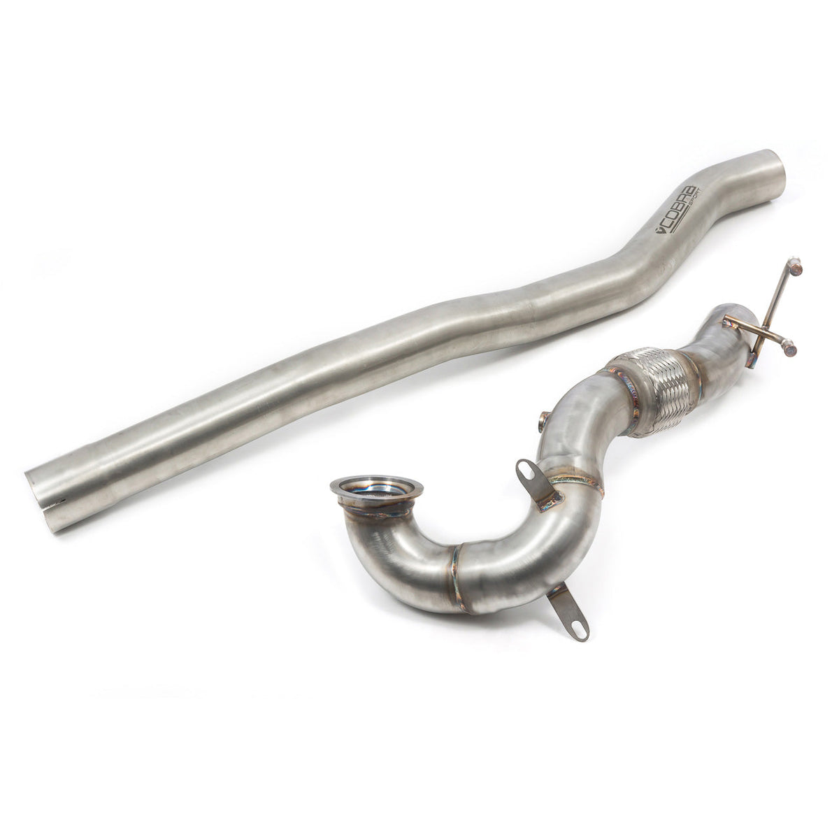 Cobra Sport front downpipe with sports cat for Audi S3 8V 3-door model (2013-2018), showcasing the performance exhaust component.
