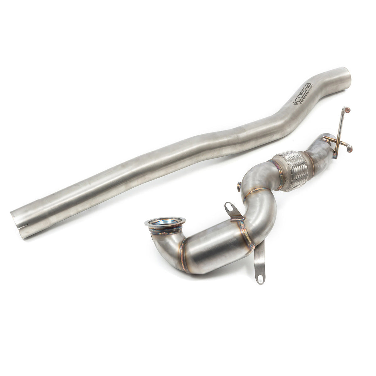 Cobra Sport Audi S3 8V front downpipe sports cat de-cat performance exhaust, showing the polished metal pipe and valve components.