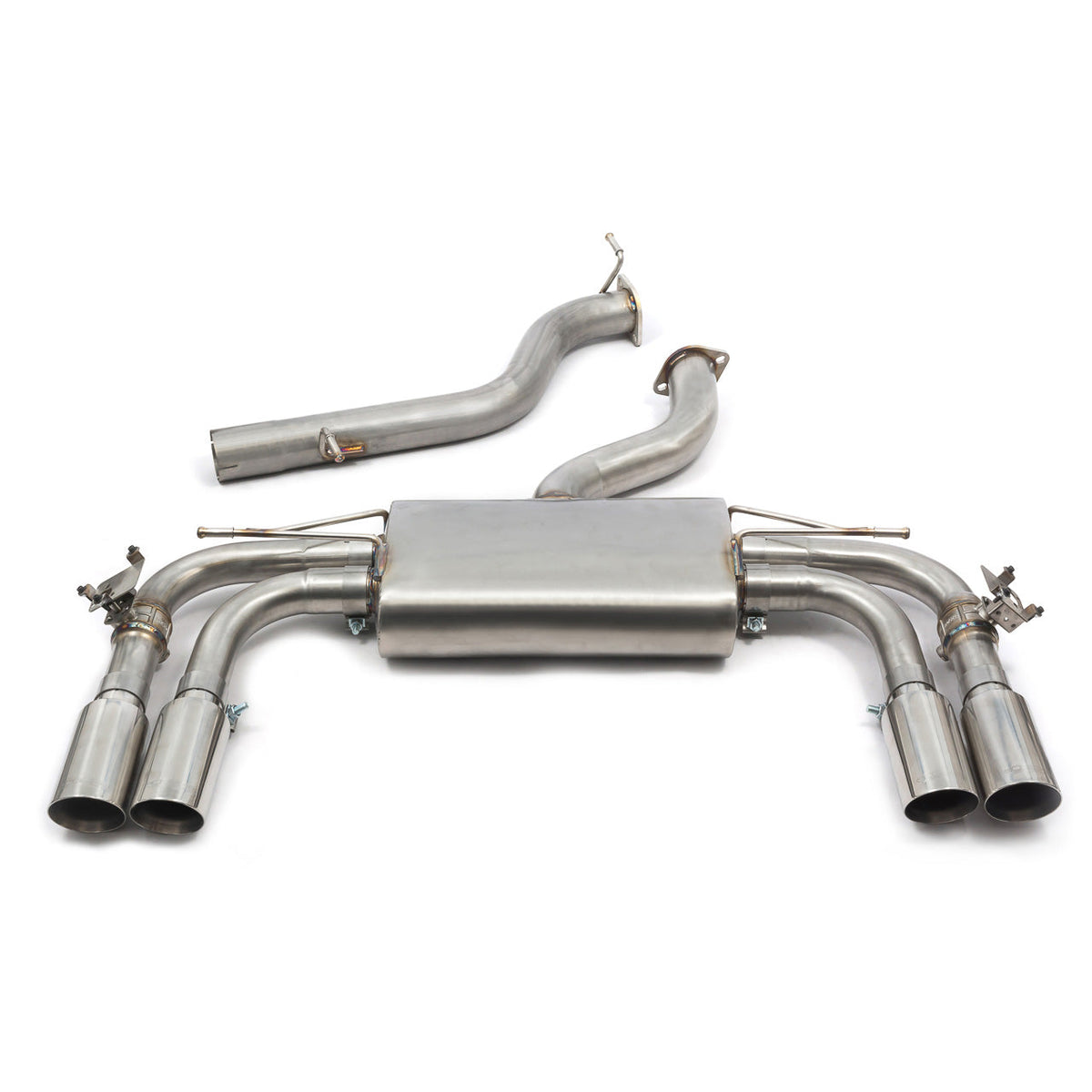 Cobra Sport cat back exhaust for Audi S3 8V Sportback with valved design, shown installed on the vehicle's rear view.