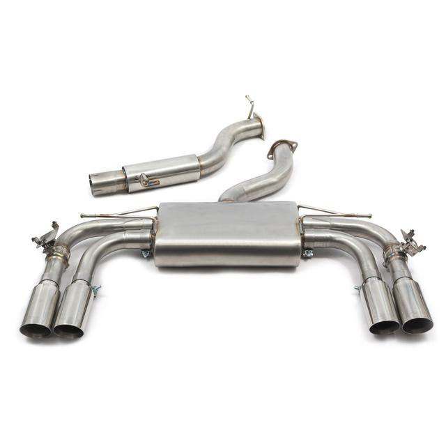 Cobra Sport GPF/OPF back performance exhaust for Audi S3 8V facelift saloon with valved design and polished tips.