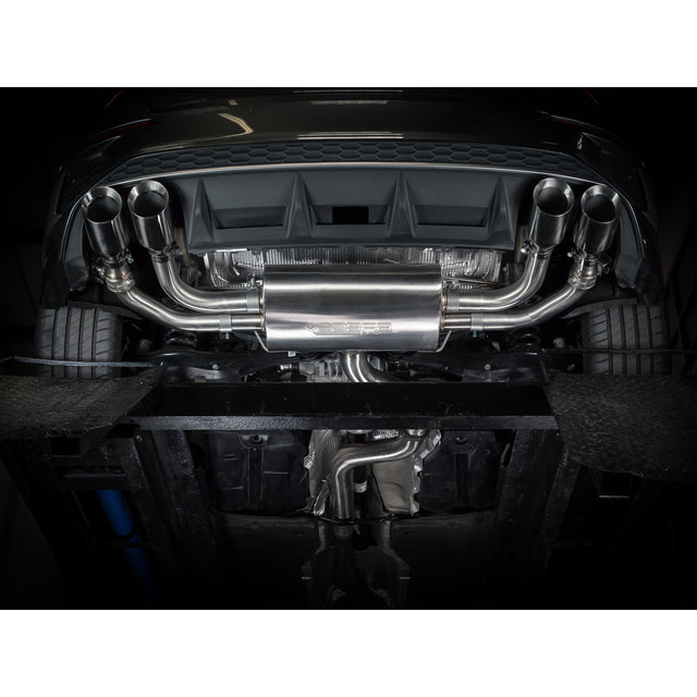 Cobra Sport turbo back performance exhaust for Audi S3 8Y Sportback, featuring a valved turbo back exhaust system with polished tips.