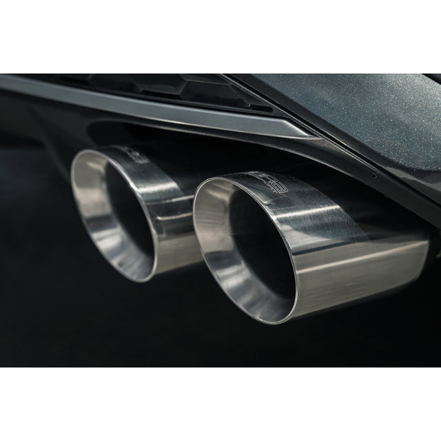 Cobra Sport GPF/OPF back performance exhaust installed on Audi S3 8Y saloon, showing polished metal tips and exhaust pipe details.