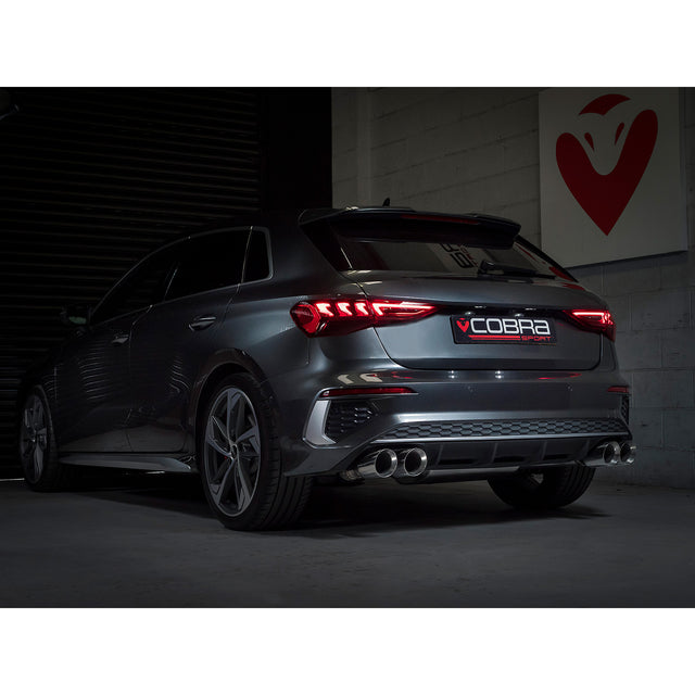 Cobra Sport turbo back performance exhaust installed on Audi S3 8Y Sportback, showcasing the valved turbo back exhaust system.