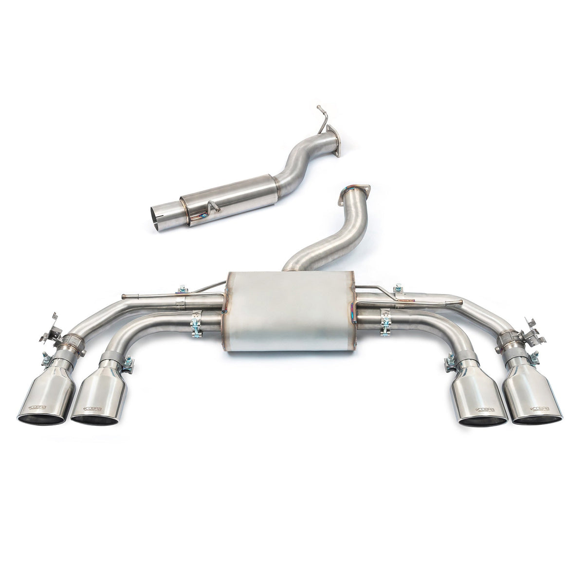 Audi S3 8Y Sportback Cobra Sport GPF back performance exhaust with valved tips, showcasing the sleek exhaust system on the rear of the vehicle.