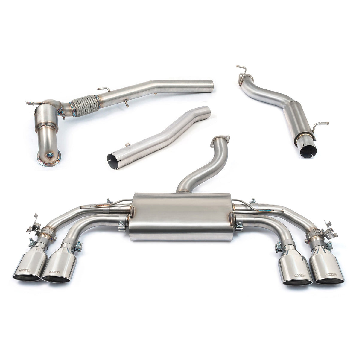 Cobra Sport turbo back performance exhaust for Audi S3 8Y Sportback, featuring a valved design and sporty finish.