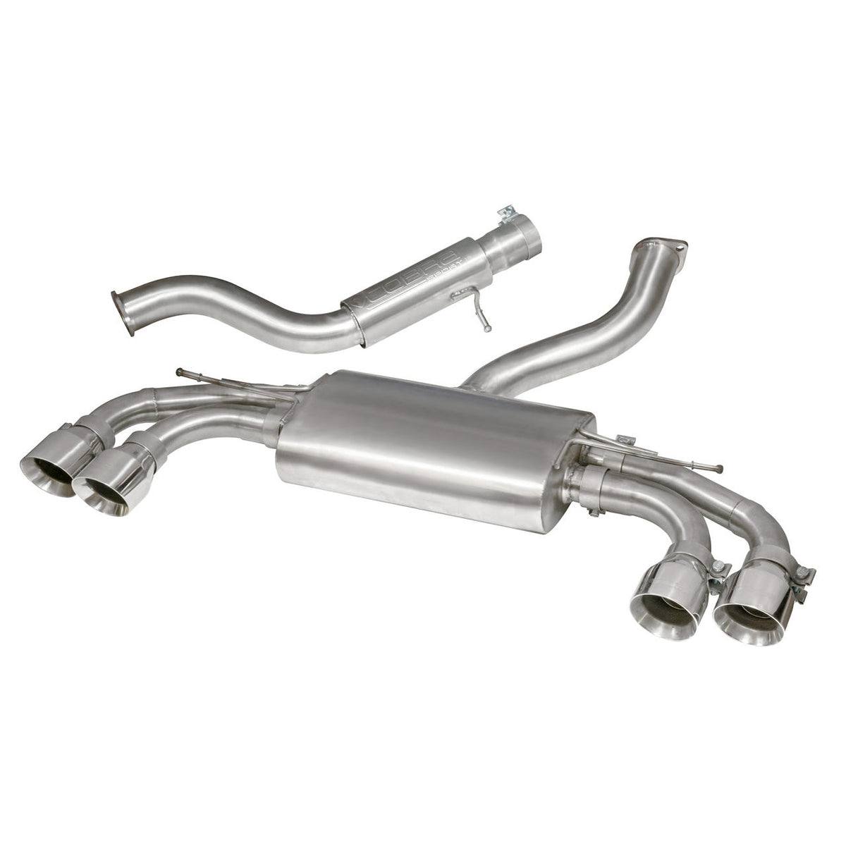 Cobra Sport Audi TTS Mk3 2.0 TFSI cat back performance exhaust with resonated tips, showcasing the polished stainless steel finish.