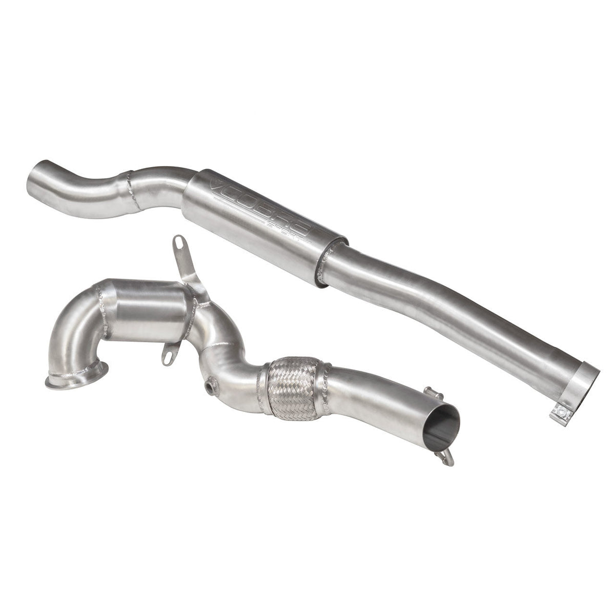 Cobra Sport front downpipe with sports cat for Audi TTS Mk3 2.0 TFSI, showcasing the polished metal pipe and catalytic converter.