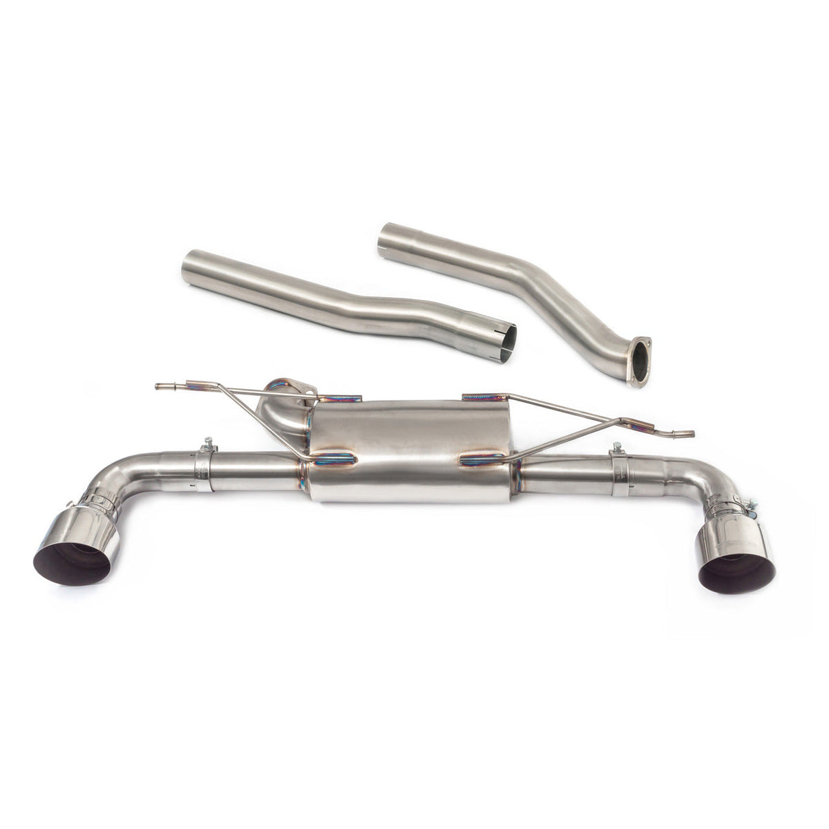 Cobra Sport BMW 128ti F40 GPF/PPF back performance exhaust with non-valved design, showcasing the stainless steel exhaust box.