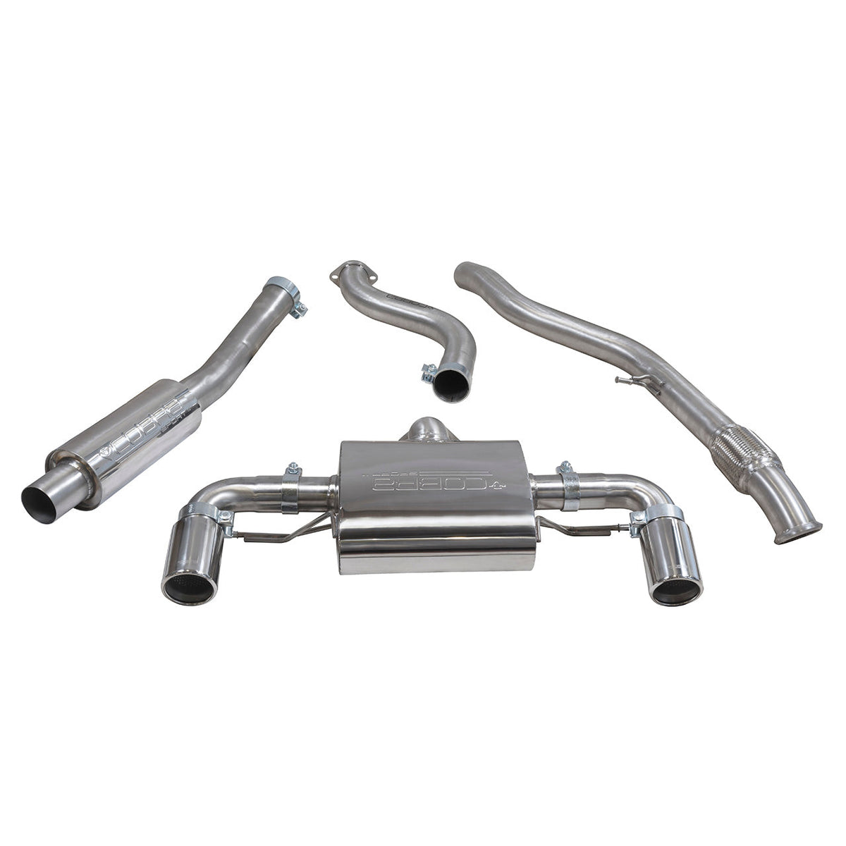 Cobra Sport BMW M135i F20/F21 cat back performance exhaust with resonated tips and polished finish.