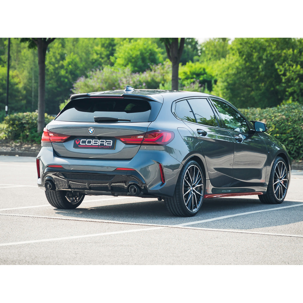 BMW 128ti Cobra Sport GPF/PPF back performance exhaust installed on a vehicle, showcasing its sleek design and polished finish.