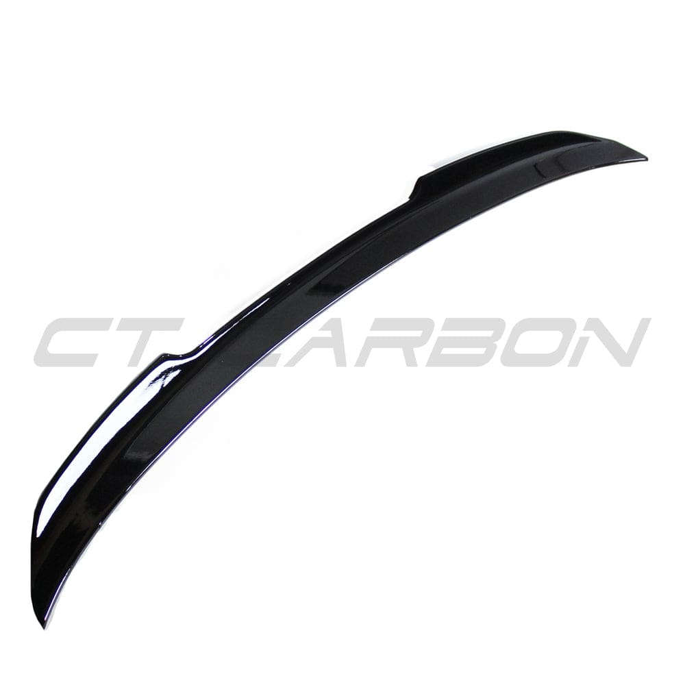 BMW 4 Series F32 gloss black V6 spoiler by CT Carbon, rear view showcasing sleek, aerodynamic car accessory.