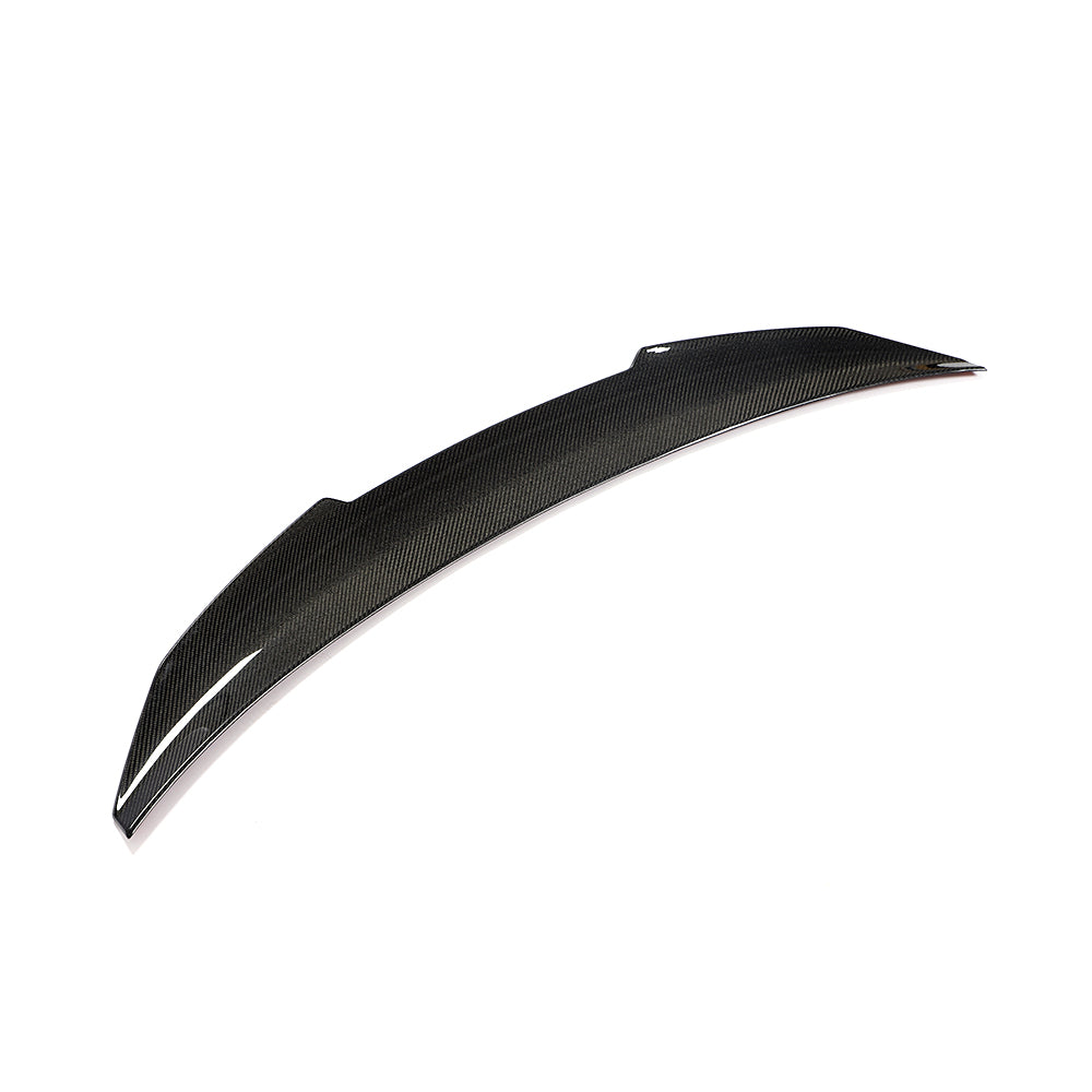 BMW 4 Series G26 and i4 carbon fiber spoiler by CT Carbon, showcasing sleek V1 style on the vehicle's rear.