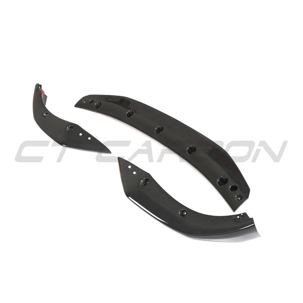 BMW 4 Series G26 and i4 pre-preg carbon fibre splitter by CT Design, showcasing sleek aerodynamic design and carbon fibre finish.