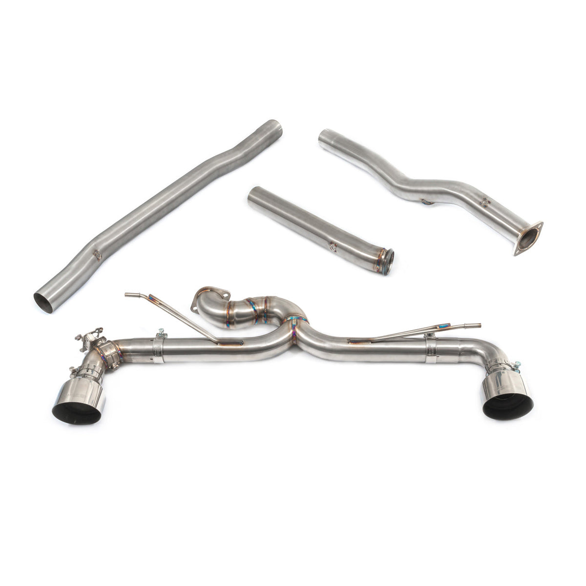 Cobra Sport BMW M135i F40 Venom cat back race box delete performance exhaust with non-resonated, valved design, installed on vehicle.