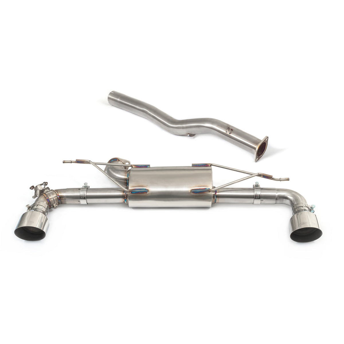 Cobra Sport BMW M135i F40 GPF/PPF back performance exhaust with valved design, showcasing the polished dual exhaust tips.
