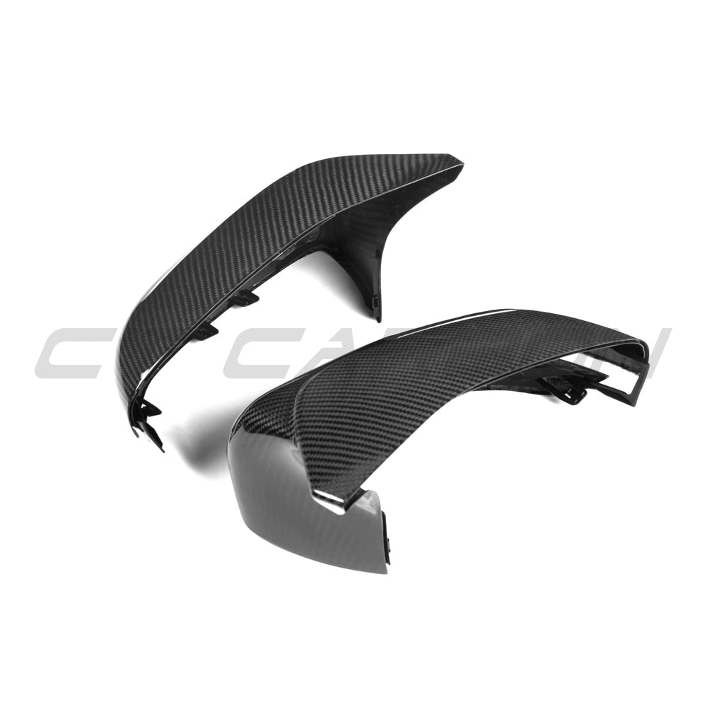 BMW F90 M5 2018-2023 CT Carbon pre-preg carbon fiber side mirrors for LHD models, showing sleek, glossy finish and aerodynamic design