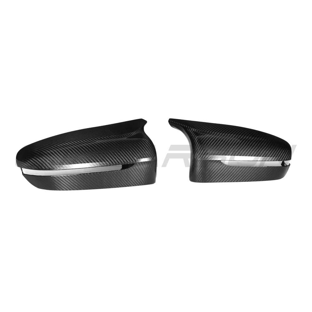 BMW F90 M5 2018-2023 RHD carbon fibre mirror accessories by CT Carbon, showcasing sleek pre-preg carbon fiber finish.