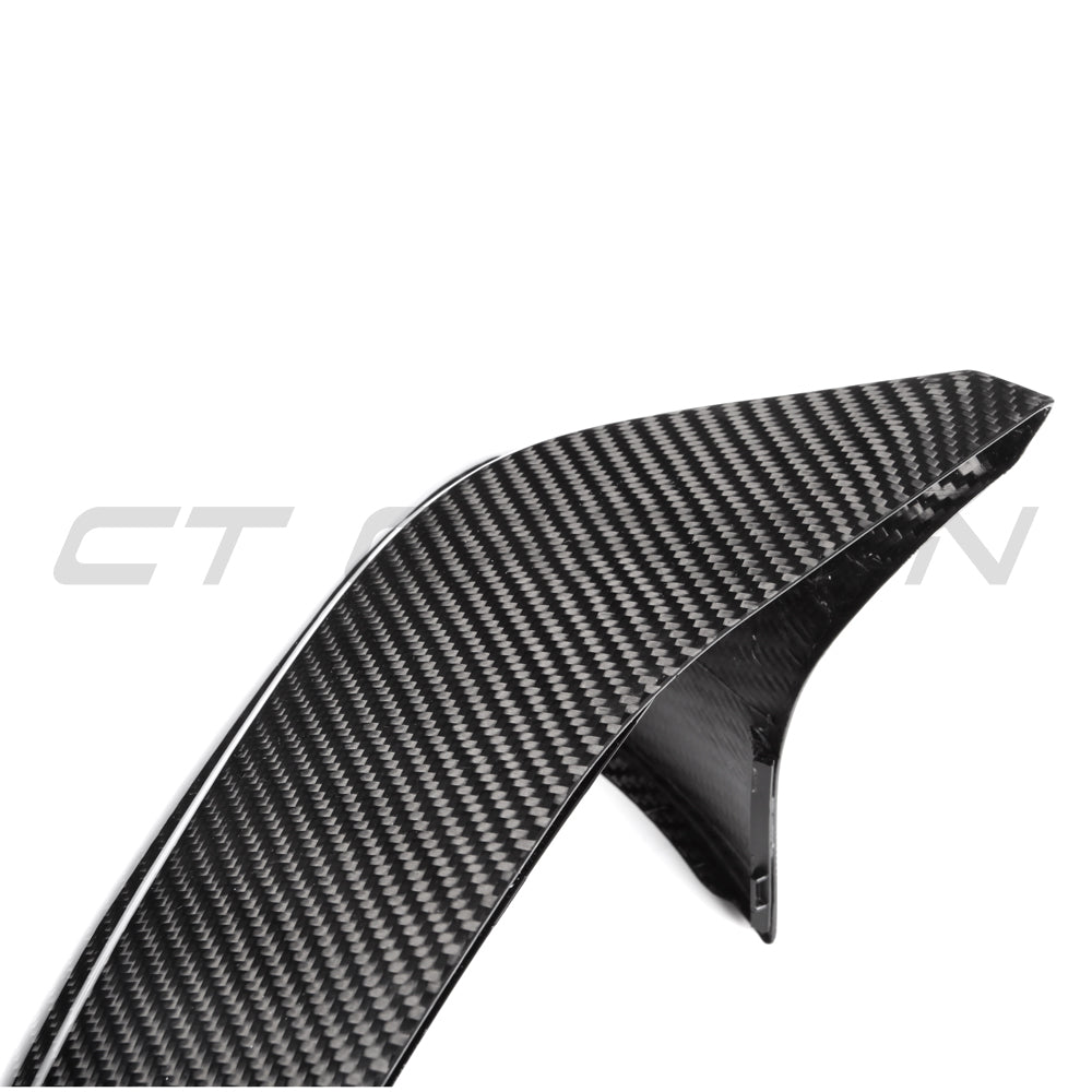 BMW F90 M5 2018-2023 CT Carbon pre-preg carbon fiber side mirrors for RHD models, showing sleek, glossy mirror housings.