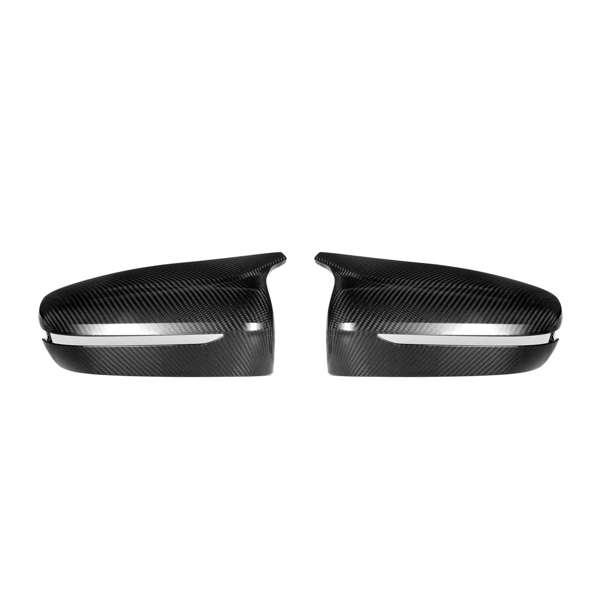 BMW F90 M5 2018-2023 CT Carbon pre-preg carbon fiber side mirrors for RHD models, showing glossy black finish and aerodynamic design.