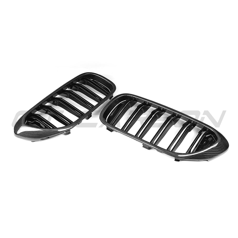 BMW F90 M5 and G30 G31 5 Series pre-LCI carbon fiber grille by CT Carbon showing sleek black mesh and carbon fiber finish.