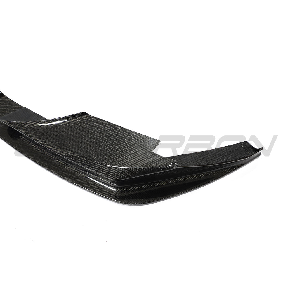 BMW F90 M5 and M5C LCI carbon fibre splitter by CT Carbon, showcasing a sleek, aerodynamic exterior component with a 3D style finish.