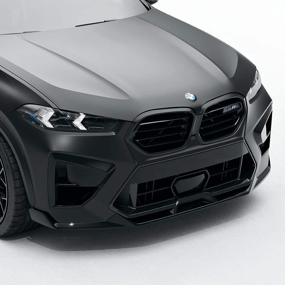 BMW F95 X5M 2023+ LCI carbon fibre full kit by CT Design, showing close-up of sleek, glossy carbon fibre components on the vehicle.