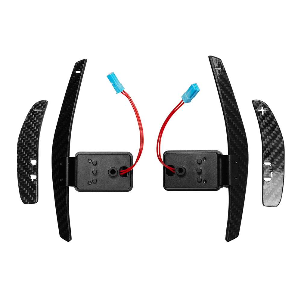 BMW Fxx carbon fibre magnetic shifter paddles by CT Carbon, close-up of sleek, lightweight racing-style car accessories.