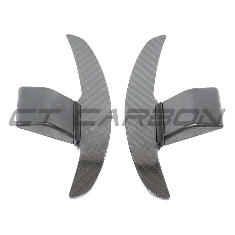 BMW Fxx carbon fiber shifter paddles accessories by CT Carbon, close-up of sleek black carbon fiber paddles for Fxx series cars.
