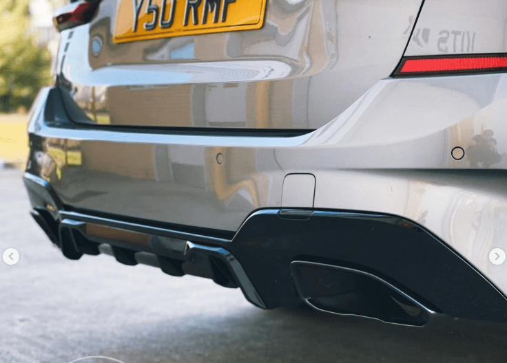 BMW G20 3 Series CT Carbon gloss black exhaust kit with square tips, V3 model, featuring sleek black finish and custom fit.