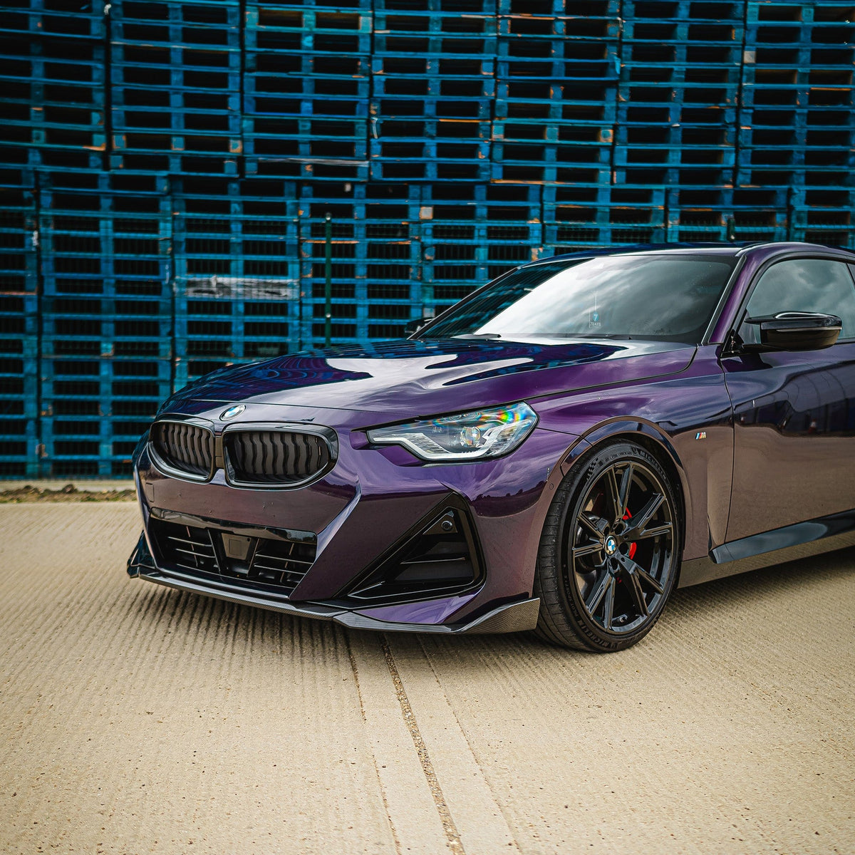 BMW G42 2 Series carbon fiber splitter by CT Carbon, V1, showcasing sleek, lightweight aerodynamic front splitter.